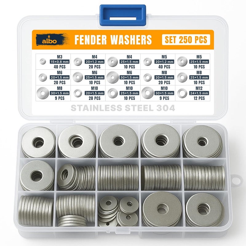 ALBO 250 Pcs Metric Stainless Steel Fender Flat Washers for Screws and Bolts, 304 Stainless Steel Hardware Fasteners - Image 1